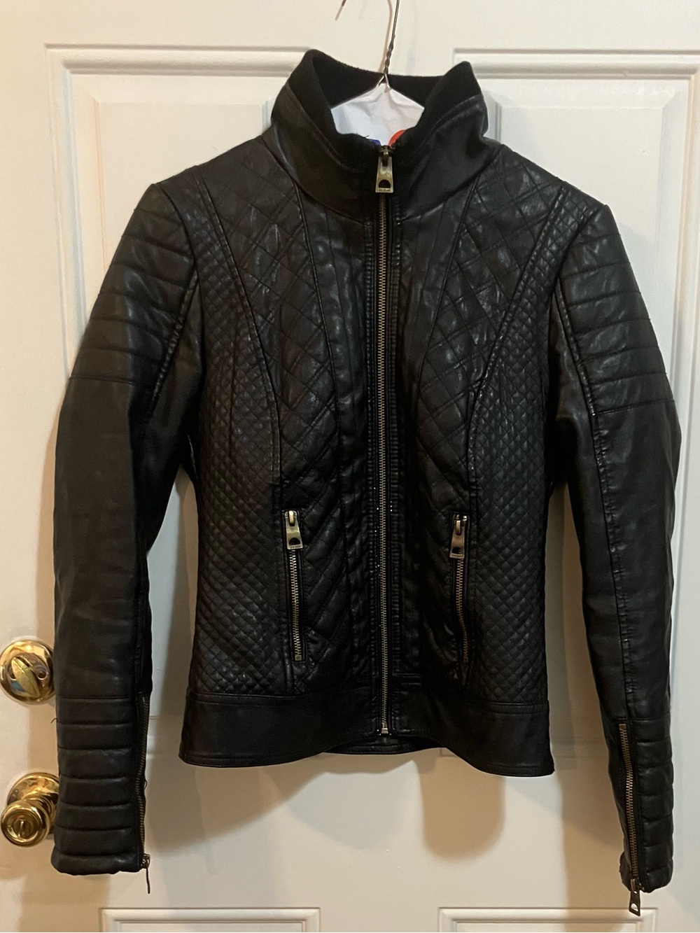 Guess Black Quilted Faux Leather Moto Jacket Size XS